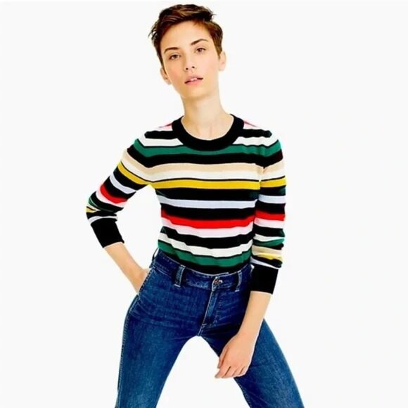 J Crew 100% cashmere Multicolor long sleeve crew neck sweater womens size M - Picture 1 of 9
